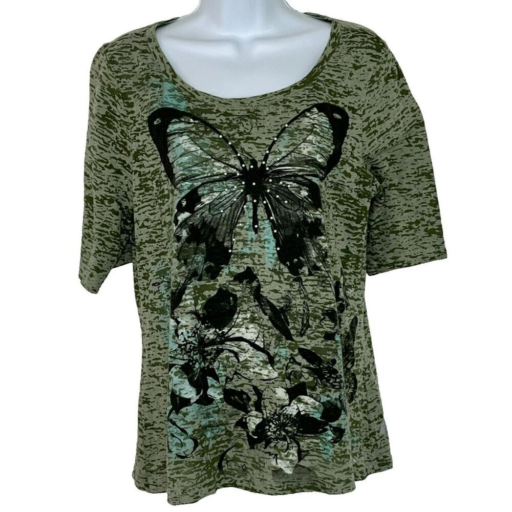 New Directions T-Shirt sz PXL Scoop Neck Embellished Butterfly Green made in USA